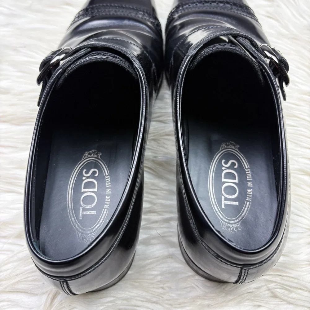 Tods Leather Monk Strap Shoe Shiny Black Mens Size 8 Almond Toe Oxford Buckle
